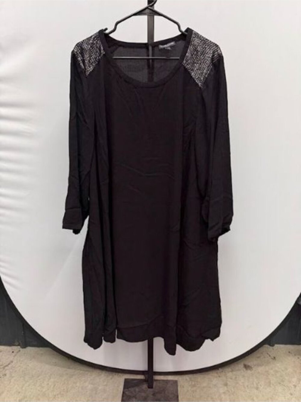 Eileen Fisher Black 3/4 Sleeve 100% Silk Georgette Crepe Dress